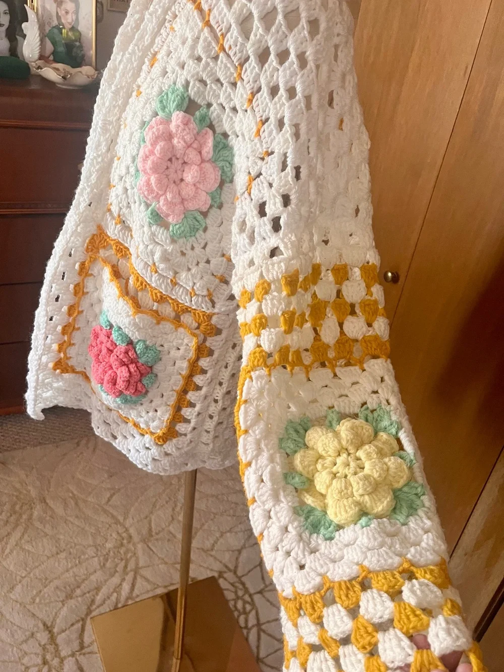 Adorable Handmade White Crochet Floral Cardigan Sweater - Picture 4 of 6